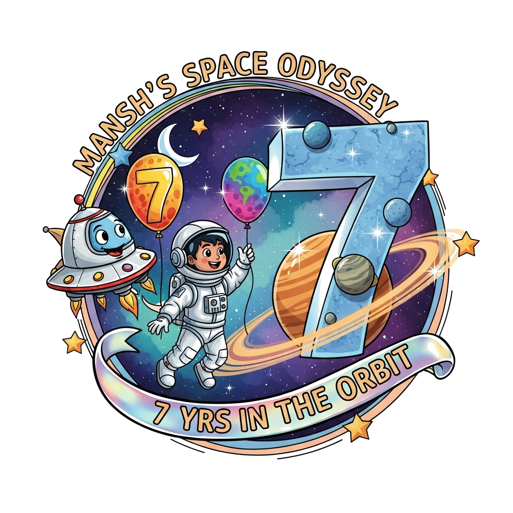 Custom design: A detailed, realistic illustration in a dynamic circular composition. A cheerful Indian astronaut boy, Mansh, rendere...