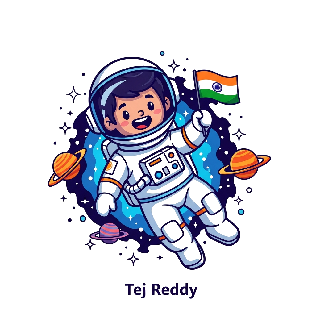Custom design: A vibrant cartoon illustration of a happy astronaut named Tej Reddy floating in a nebula filled with sparkling stars ...