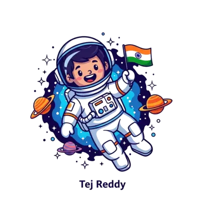 Design: A vibrant cartoon illustration of a happy astronaut named Tej Reddy floating ...