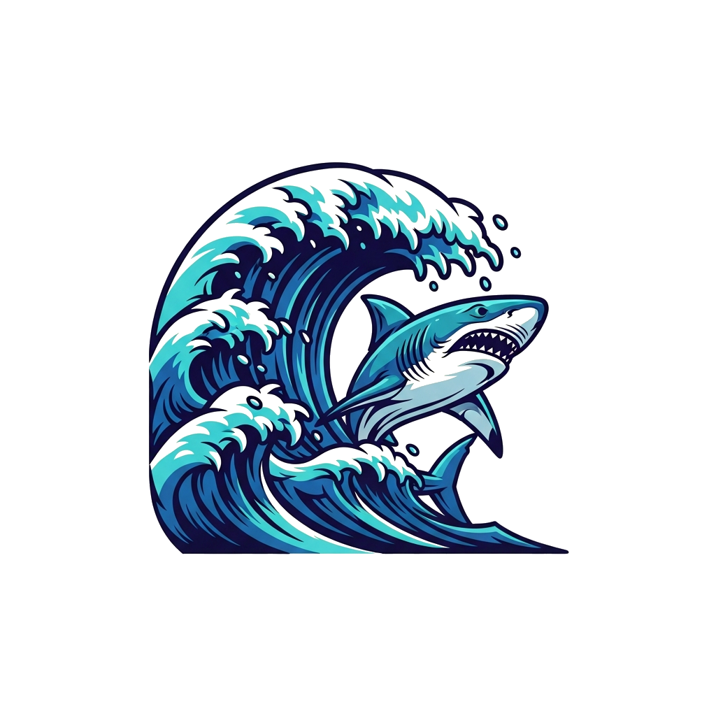Custom design: A powerful, stylized wave cresting with a majestic, cool-looking shark leaping out, rendered in a bold graphic art st...