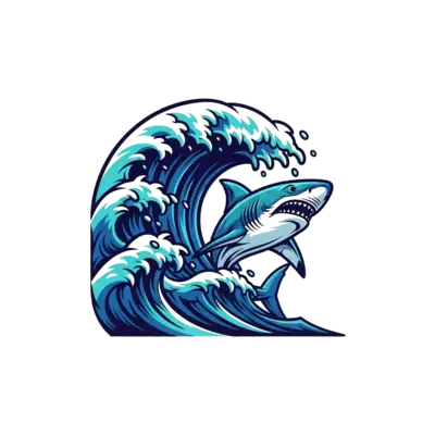 Design: A powerful, stylized wave cresting with a majestic, cool-looking shark leapin...