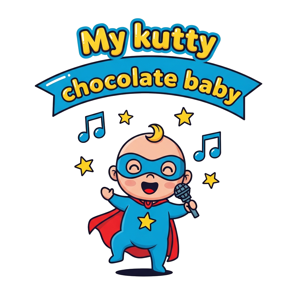 Custom design: A cute cartoon baby superhero, with a tiny mask and cape, happily dancing with a microphone, surrounded by floating m...