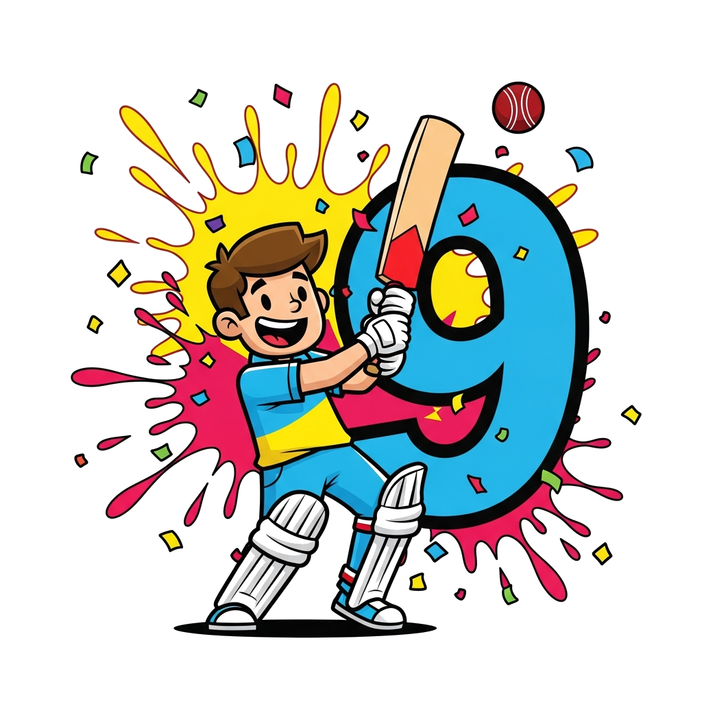 Custom design: A vibrant cartoon illustration of a happy cricket player hitting a six, with colorful splashes of paint and confetti,...
