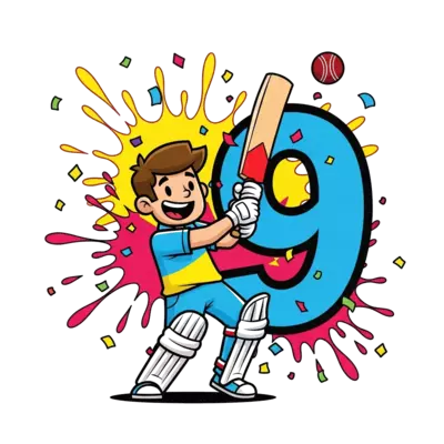 Design: A vibrant cartoon illustration of a happy cricket player hitting a six, with ...