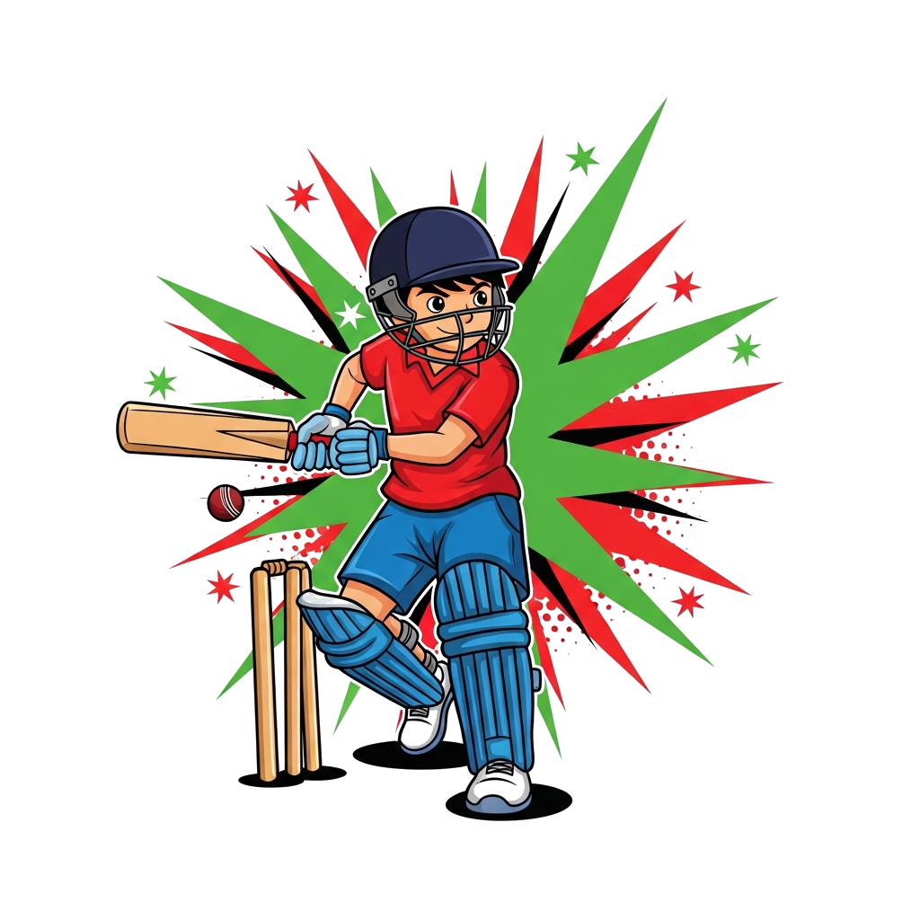 Custom design: A dynamic illustration of a young boy, Raghav, in a cool, stylized cricket pose, mid-action batting, with a bold, ene...