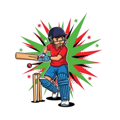 Design: A dynamic illustration of a young boy, Raghav, in a cool, stylized cricket po...