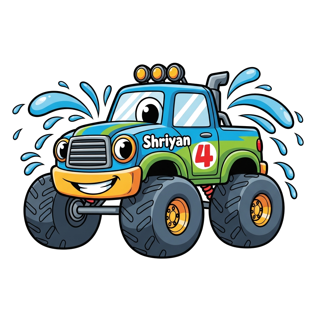 Custom design: A cute cartoon monster truck with big friendly eyes, playfully splashing through a puddle, with 'Shriyan' and a promi...