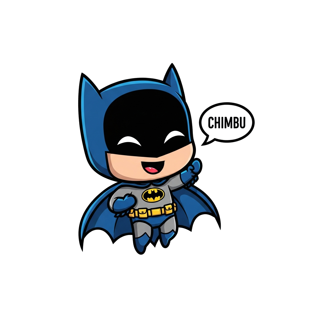 Custom design: A cute, chibi-style cartoon Batman flying with a big smile, holding a tiny speech bubble that says 'Chimbu', in a pla...