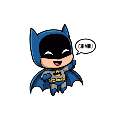 Design: A cute, chibi-style cartoon Batman flying with a big smile, holding a tiny sp...