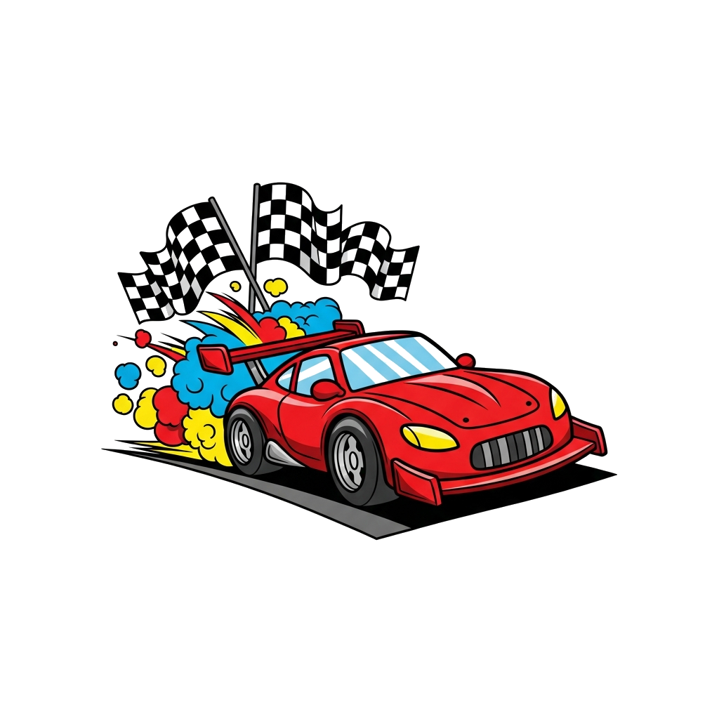 Custom design: A vibrant, cartoon-style red race car speeding on a track, with checkered flags and a burst of colorful smoke, in a d...