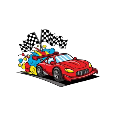 Design: A vibrant, cartoon-style red race car speeding on a track, with checkered fla...