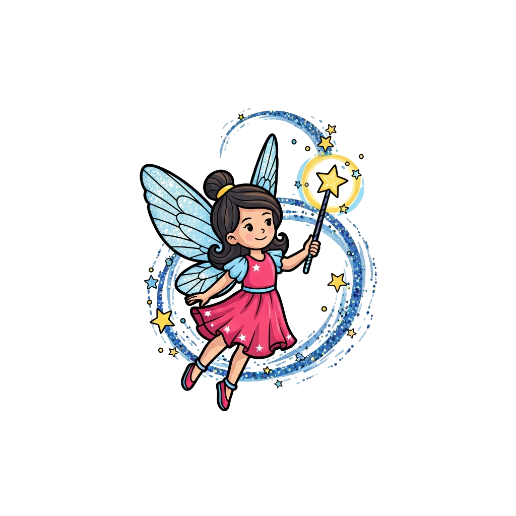 Custom design: A whimsical fairy princess with shimmering wings, holding a glowing magic wand, surrounded by swirling glitter and sp...