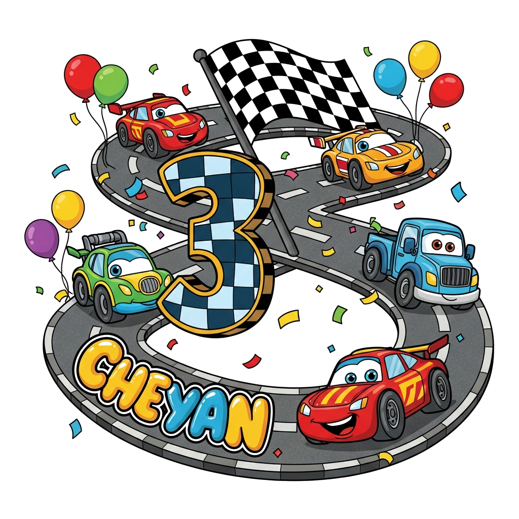 Custom design: A vibrant cartoon illustration of a cheerful race track scene with several colorful, friendly-faced cars and trucks. ...
