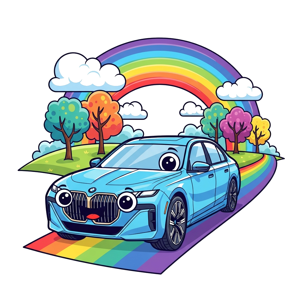 Custom design: A super cute, cartoon-style BMW i7 car, with big friendly eyes and a happy smile, driving on a rainbow road through a...