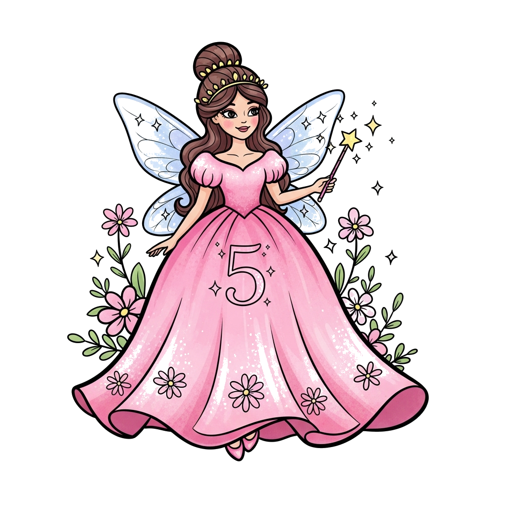 Custom design: A whimsical illustration of a beautiful fairy princess with flowing pink gown and sparkly wings, holding a magical wa...