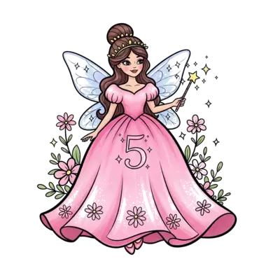 Design: A whimsical illustration of a beautiful fairy princess with flowing pink gown...