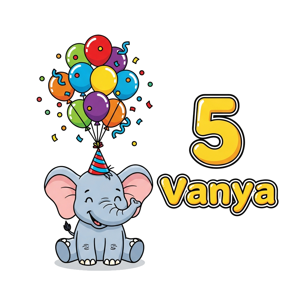Custom design: A cute, smiling baby elephant wearing a small party hat, surrounded by a cascade of colorful balloons and confetti, w...