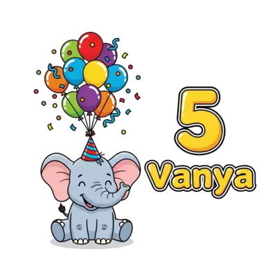 Design: A cute, smiling baby elephant wearing a small party hat, surrounded by a casc...