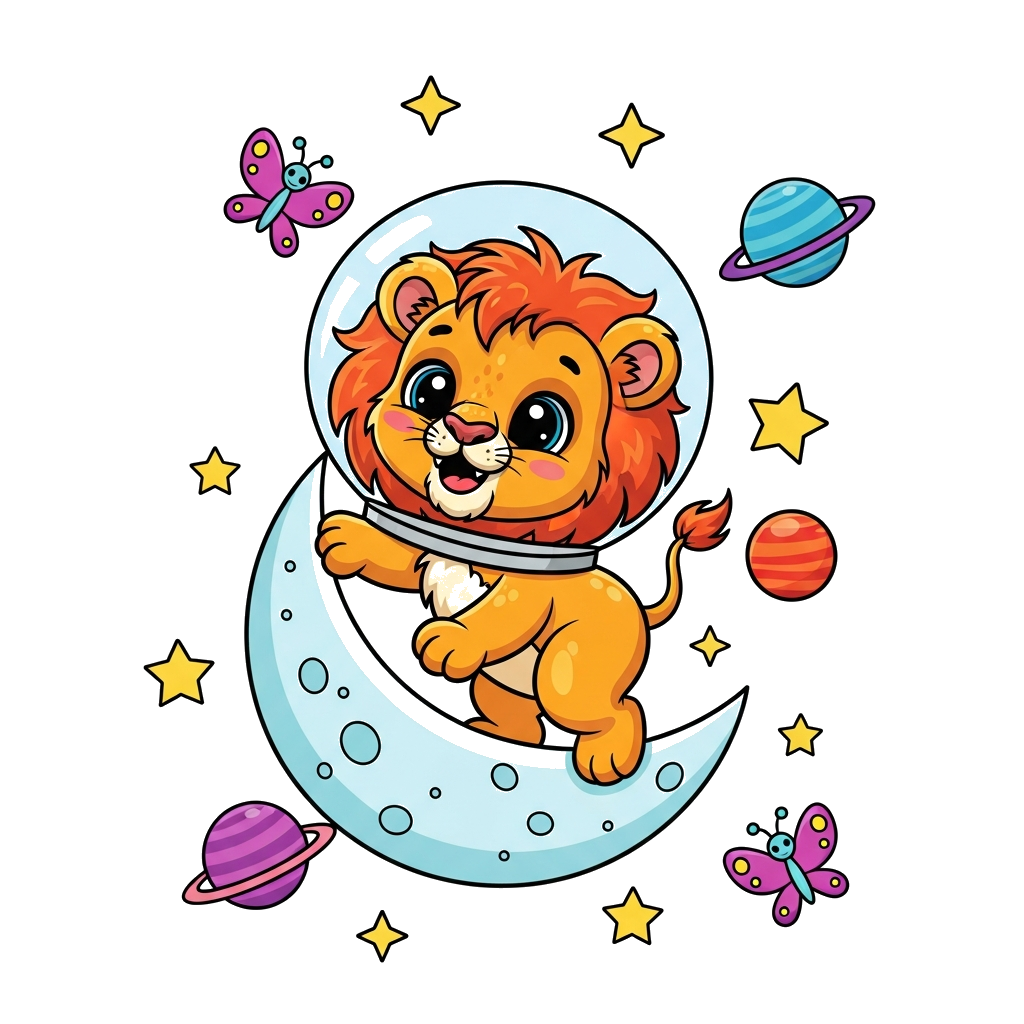 Custom design: A super cute, friendly cartoon baby lion cub with big eyes and a fluffy mane, wearing a tiny astronaut helmet, playfu...