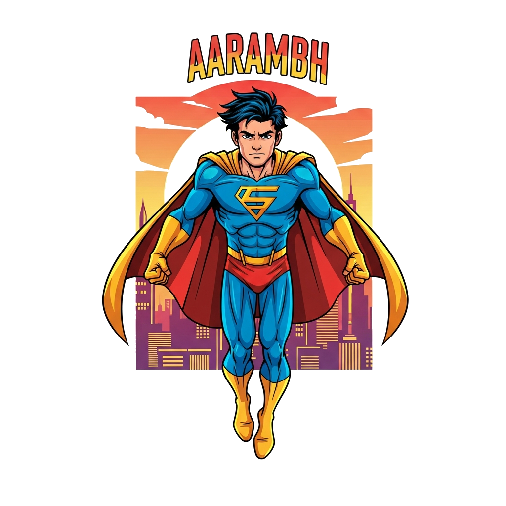 Custom design: A dynamic illustration of a young superhero named Aarambh in a powerful stance, flying through a city skyline at suns...