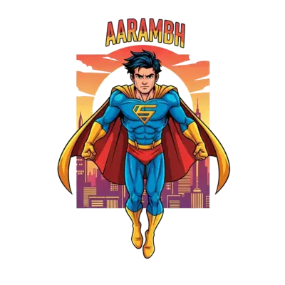 Design: A dynamic illustration of a young superhero named Aarambh in a powerful stanc...