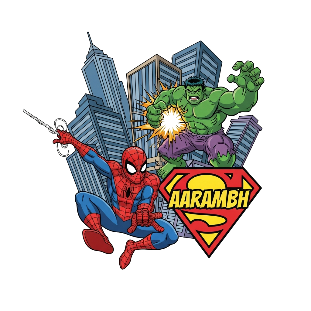 Custom design: A dynamic illustration of Spider-Man swinging through a city skyline with Hulk smashing through a building in the bac...