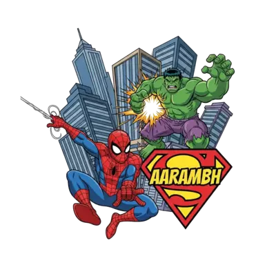Design: A dynamic illustration of Spider-Man swinging through a city skyline with Hul...