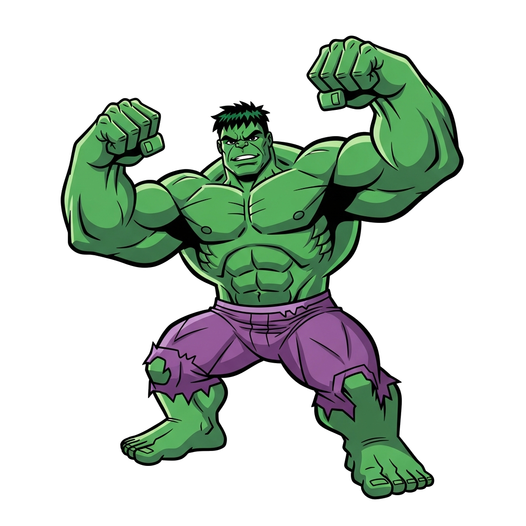 Custom design: A mighty, muscular Hulk flexing his arms with a determined yet friendly expression, in a dynamic comic book art style...