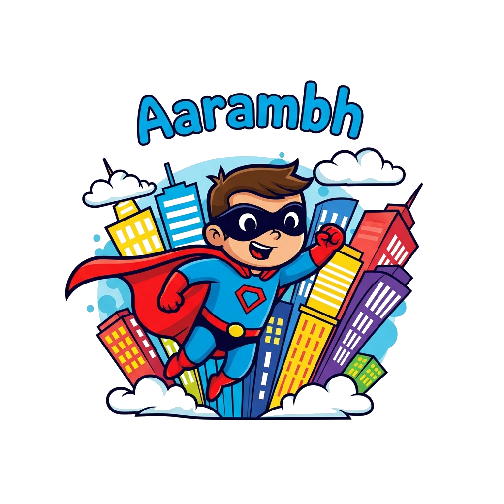 Custom design: A vibrant cartoon illustration of a cute superhero character with a cape and mask, flying through a colorful city sky...