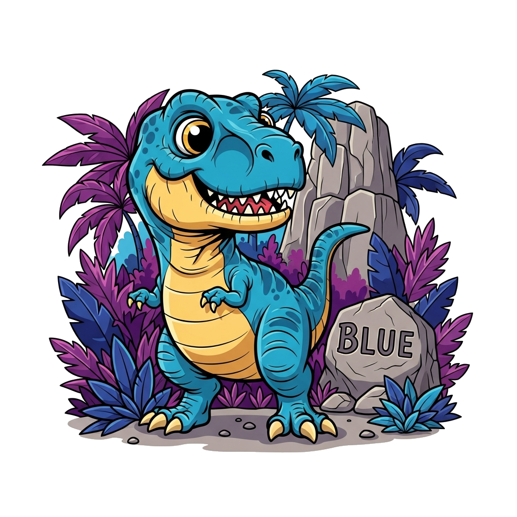 Custom design: A super cute, friendly cartoon baby Tyrannosaurus Rex, with big curious eyes and a playful smile, standing happily in...