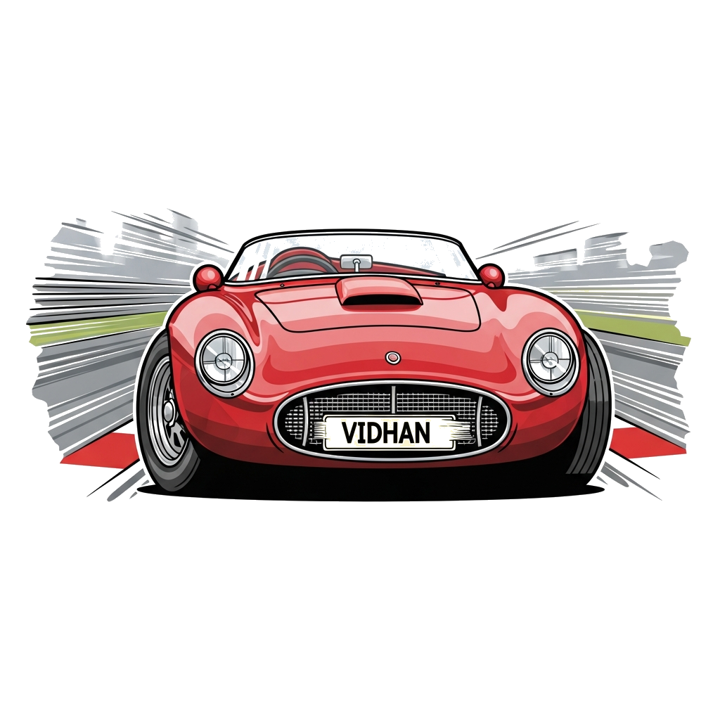 Custom design: A hyper-realistic detailed vintage race car, in a vibrant red color, with 'Vidhan' subtly integrated into the license...