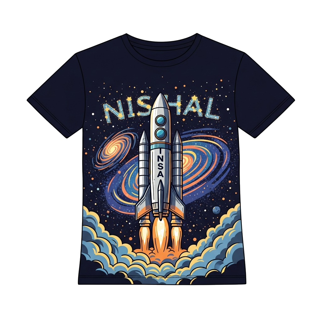 Custom design: A detailed and realistic illustration of a powerful rocket launching into the cosmos, with swirling nebulae and dista...