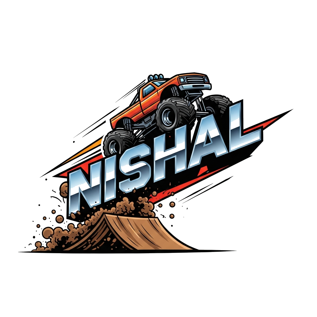 Custom design: A cool, stylized illustration of a powerful monster truck jumping over a ramp, with 'Nishal' in a bold, metallic font...