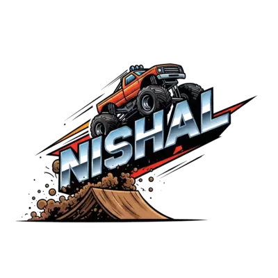 Design: A cool, stylized illustration of a powerful monster truck jumping over a ramp...