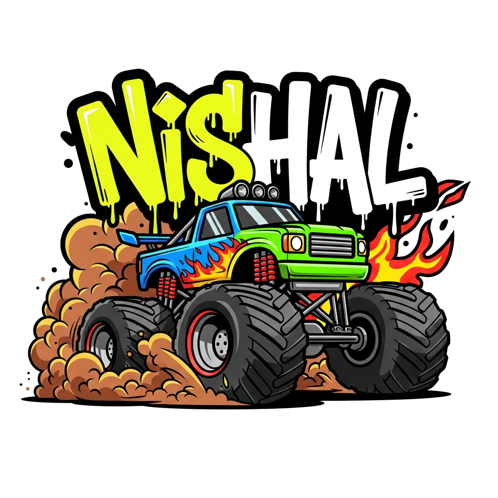 Custom design: A bold, dynamic illustration of a cool monster truck kicking up dust, with 'Nishal' integrated into the design in a g...