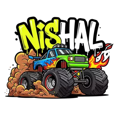Design: A bold, dynamic illustration of a cool monster truck kicking up dust, with 'N...