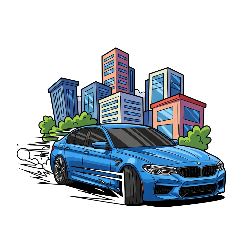 Custom design: A sleek, bold blue BMW M5 sports car, mid-drift, with dynamic speed lines and a cool, urban city background, vibrant ...