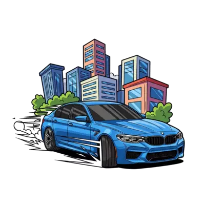 Design: A sleek, bold blue BMW M5 sports car, mid-drift, with dynamic speed lines and...