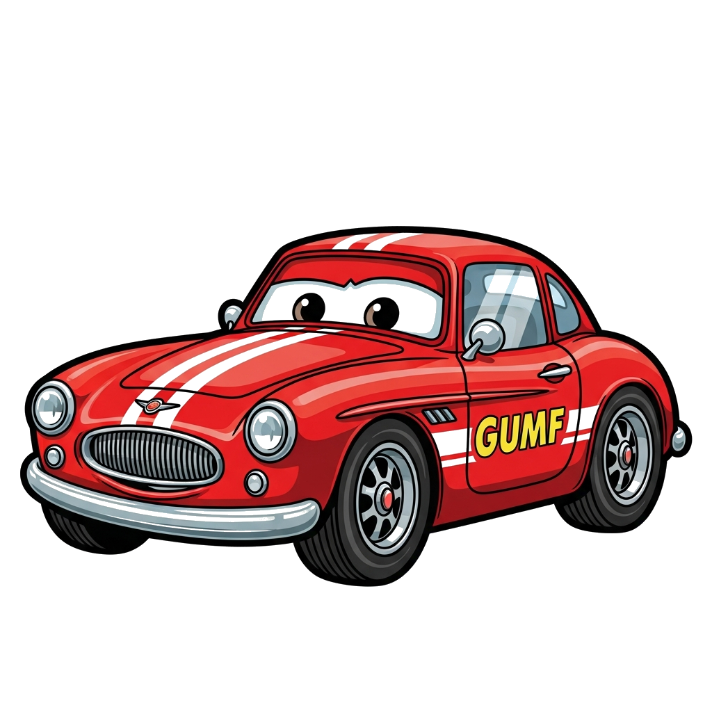 Custom design: A detailed, realistic illustration of a vintage red race car with the name 'Gumf' subtly integrated on the side, on a...