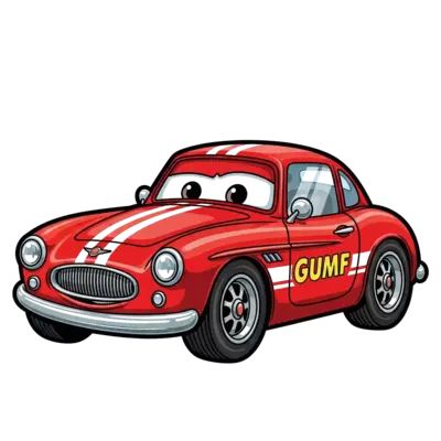 Design: A detailed, realistic illustration of a vintage red race car with the name 'G...
