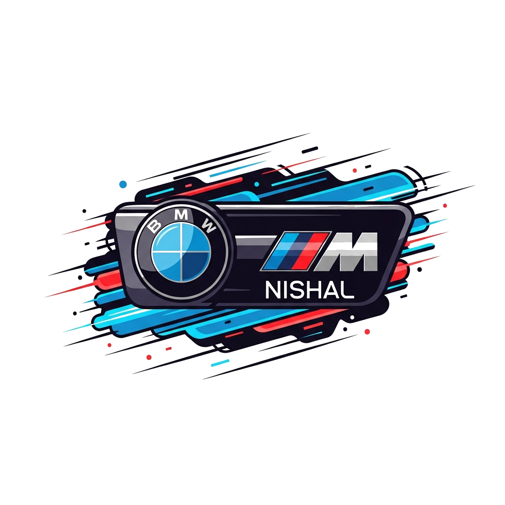 Custom design: A sleek, stylized illustration of a BMW F90 M badge with 'Nishal' subtly integrated below, set against a dynamic, abs...
