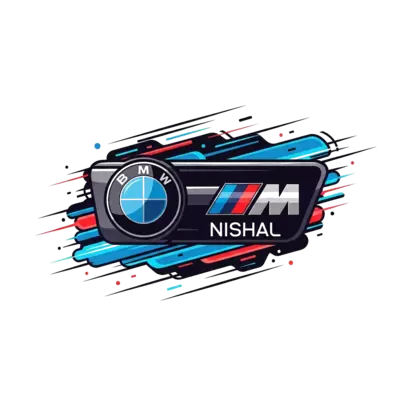 Design: A sleek, stylized illustration of a BMW F90 M badge with 'Nishal' subtly inte...