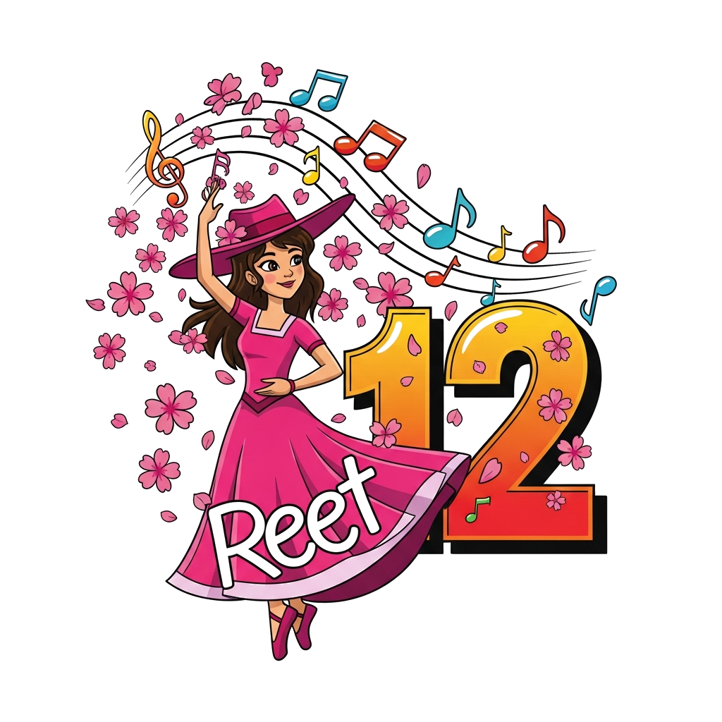 Custom design: A dynamic illustration of a girl, stylized to represent Reet, in a graceful Western dance pose, surrounded by a showe...
