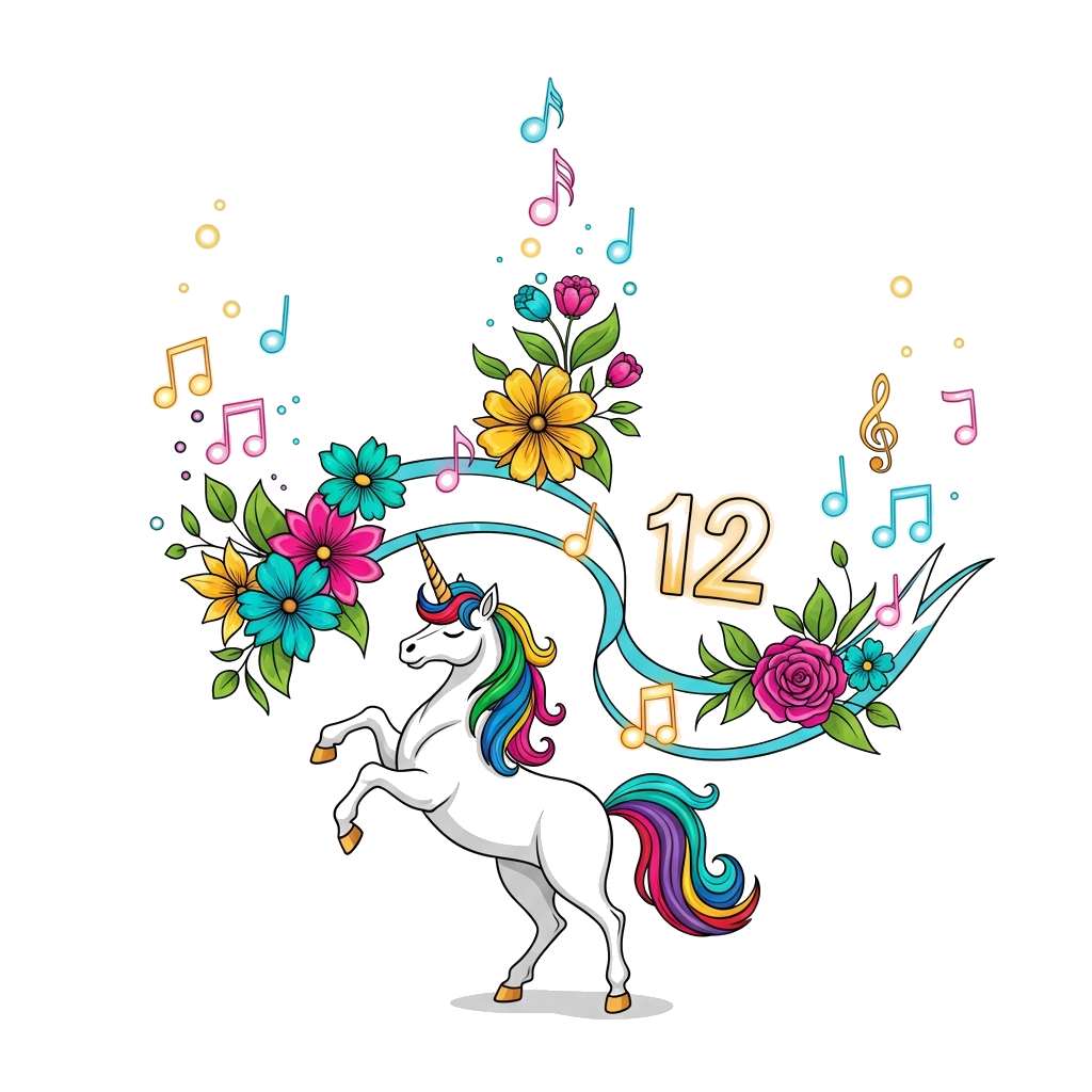 Custom design: A majestic, vibrantly colored unicorn dancing gracefully amidst a shower of glowing musical notes and exotic, fantast...
