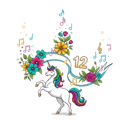 Design: A majestic, vibrantly colored unicorn dancing gracefully amidst a shower of g...