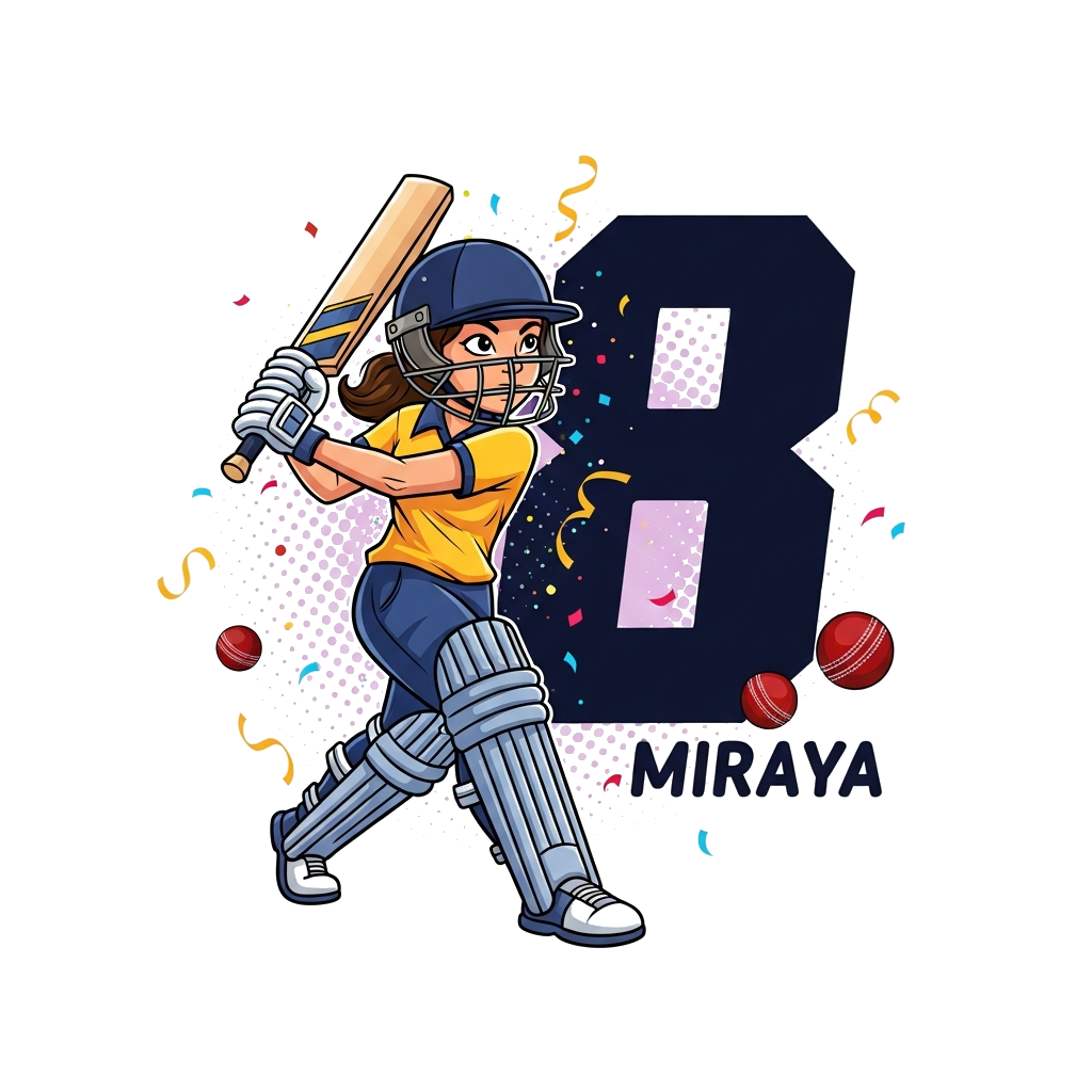 Custom design: A dynamic and cool cartoon illustration of a girl, Miraya, in a powerful cricket batting pose, with a sporty helmet a...