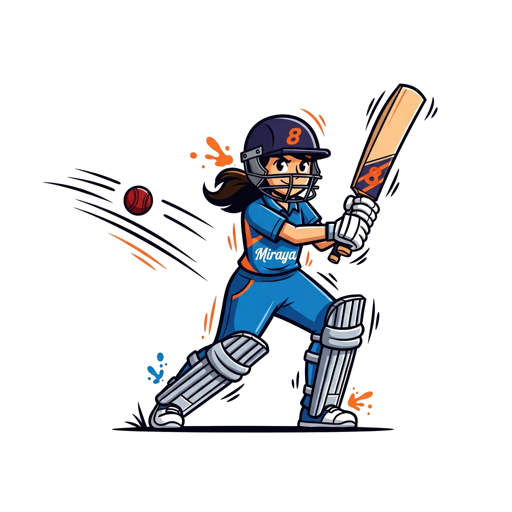 Custom design: A dynamic cartoon illustration of a girl (Miraya) in a cricket stance, bat in hand, with a cricket ball whizzing past...