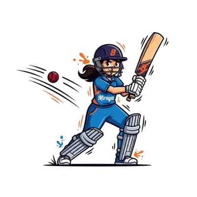Design: A dynamic cartoon illustration of a girl (Miraya) in a cricket stance, bat in...