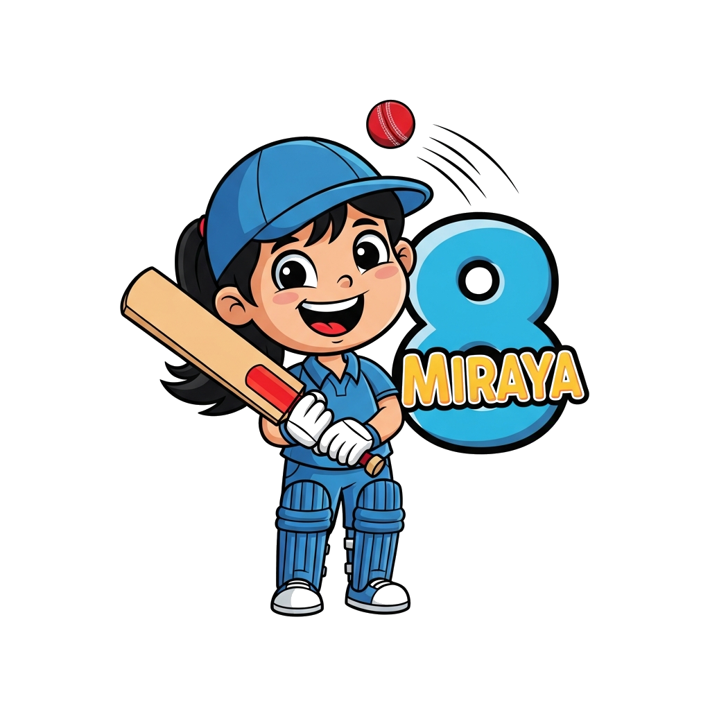 Custom design: A cheerful cartoon girl, Miraya, with a big smile, dressed in a cute cricket uniform, holding a bat, with a cricket b...