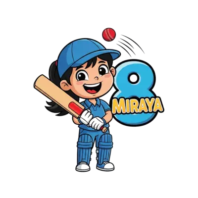 Design: A cheerful cartoon girl, Miraya, with a big smile, dressed in a cute cricket ...